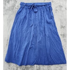 Amisu Pull On Viscose Pleated A-Line Skirt Size 12 Blue Tie Belt Knee Length
